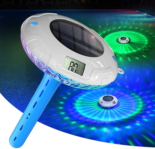 Lampe de piscine solaire avec double écran LCD, thermomètre de piscine flottant facile à lire, 8 effets lumineux dynamiques, thermomètre numérique étanche IPX7