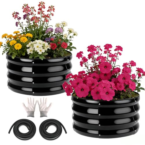 Cfythyab 2-Pack Raised Beds for Garden – 60x30cm Round Steel Planter Box with Safety Edging, Outdoor Raised Planters for Vegetables, Flowers & Herbs, Bottomless Metal Garden Bed
