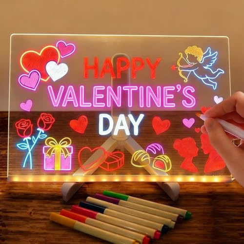 Tableau Acrylique Lumineuse Message LED Tablette Lumineuse Dessin Effaçable avec 7 Stylos Néons Tableau D'écriture Lumineuse Transparent Bloc-Notes pour Enfants Cadeaux, Maison