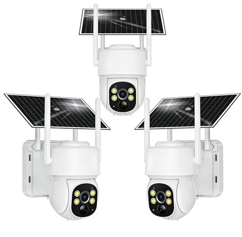 Pack de 3 caméras de surveillance extérieure 4G LTE solaire avec SIM, 2K PTZ sans fil, détection humaine PIR, vision nocturne couleur, IP66 étanche, rotation 355°/90°, audio bidirectionnel