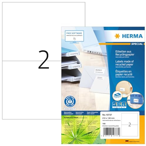 HERMA 10737 Recycling Etiketten, 1120 Blatt, 210 x 148 mm, 2 pro A4 Bogen, 2240 Stück, selbstklebend, bedruckbar, matt, blanko Recycling-Papier Klebeetiketten Aufkleber, natur-weiß