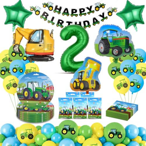 Fizdoqg Geburtstagsdeko 2 Jahre Junge Traktor Party Deko Trecker Geburtstag | mit Banner Luftballon Partygeschirr Servietten Geschenktüten für Party Deko, Kindergeburtstag Decorations