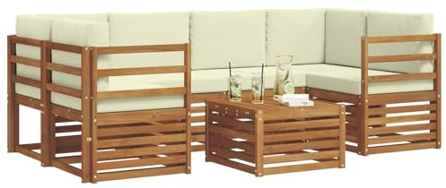 vidaXL Sofagarnituren 7 pcs Natur und Creme Massivholz Akazie, Garten-Sofa-Eckgarnitur, strapazierfähiges Lounge-Möbel, modernes Patio-Set für chilliges Terrassenleben