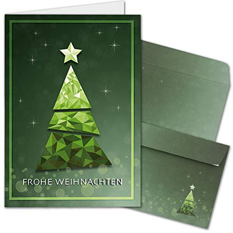 50x Weihnachtskarten-Set DIN A6 mit grünem Weihnachtsbaum in Glasmosaik-Optik - Faltkarten mit passenden Umschlägen DIN C6 in Grün - Weihnachtsgrüße für Firmen und Privat