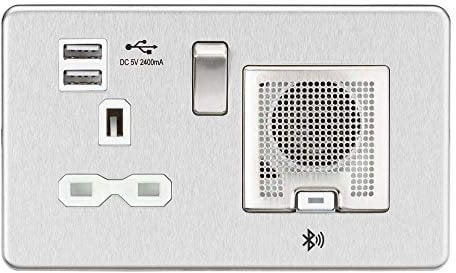 Knightsbridge SFR9905BCW Screwless Socket with 2.4 A USB Chargers and Bluetooth Speaker, Brushed Chrome with white Insert, 13 A