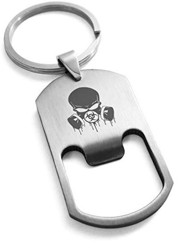 Tioneer Stainless Steel Biohazard Skull Gas Mask Engraved Bottle Opener Dog Tag Keychain Keyring
