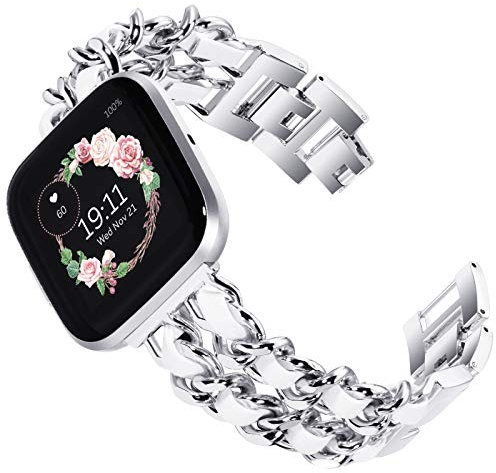 KADES kompatibel mit Fitbit versa 2 Armband, Damen Edelstahl Ersatzarmband kompatibel mit Fitbit Versa, Versa Lite Edition Armband (Silber mit weißem Leder)