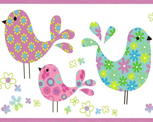 Dundee Deco BRAZBD6389 Prepasted Wallpaper Border - Kids Purple, Blue, Green, Pink Birds, Flowers Wall Border Retro Design, 15 ft x 6 in (4.57m x 15.24cm)
