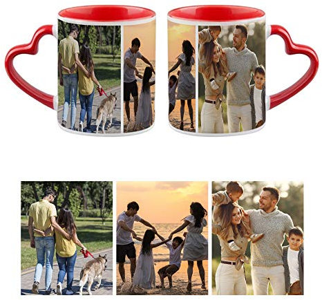 Personalised with Three Photos/Multi Photo Printed Collage Mug, Novelty, Red Colour Heart Handle Ceramic Mug, Memorable Gift Ideas for Family, Friends, Birthday, Any Special Occasion. (3 Photos)