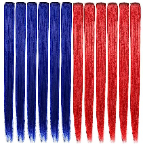 SHKJCHP 12 Stück Blau Rot Haarverlängerungen Clip Damen Mode Mädchen Kostüm Perücken Cosplay 21/55cm Langes Glattes Haar Hitzebeständige Perückenteile (Blau Rot)