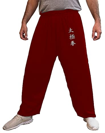 Tai Chi Pants Wide Leg Men Women Kids Yoga Pants Qigong Open on the Ankles (Burgundy Tai Ji, Size L)