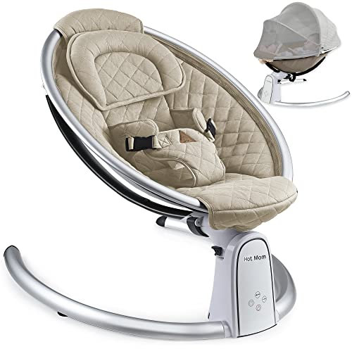 Hot Mom NEW Baumwolle Babywippe mit Schwingungsamplituden, Bluetooth Musik, leichter Babyschaukelstuhl mit smoother Schaukelbewegung, 2022 Style (Beige)