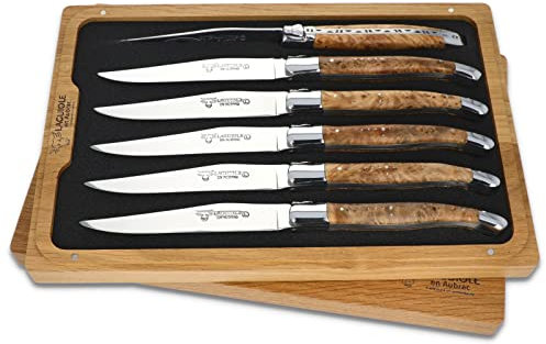 Laguiole en Aubrac - 6er Set Laguiole Steakmesser aus Frankreich - Griff Lindenholz - Stahl glänzend - Original mit Zertifikat
