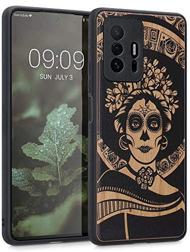 kwmobile Hülle kompatibel mit Xiaomi 11T / 11T Pro Hülle - Holz Case - Handy Cover - TPU Handyhülle in Hellbraun Schwarz La Catrina