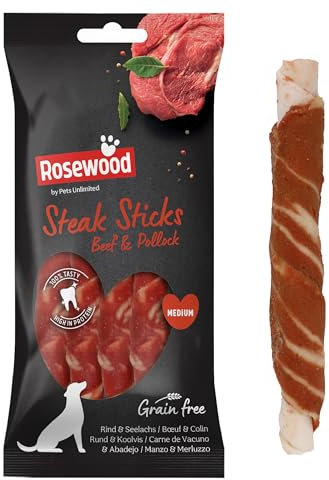 Rosewood Steak Sticks Hundeleckerlis 90g – 4 Stück – Mit Rind und Seelachs – Mittelgroße Snacks für Hunde – Getreidefrei, glutenfrei, ohne künstliche Zusatzstoffe – Zahnpflege durch Kauen