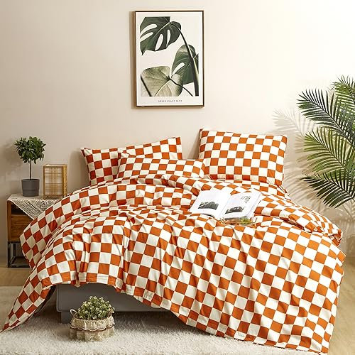 CLOTHKNOW Burnt Orange Gird Comforter Set King Rust Bedding Set Geometric Bedding Comforter Caramel Bedding Buffalo Check Comforter Soft Lightweight Bedding 3Pcs Plaid Comforter Sets