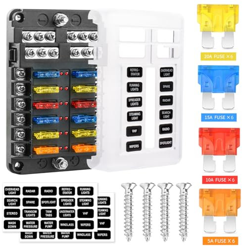 12 Way 12V Fuse Box Blade, 12Volt Fuse Block with LED Indicator Waterproof Cover - 12 Circuit Independent Positive Negative Fuse Box Holder for 12V/24V AutoTruck Boat Marine RV Van Vehicle