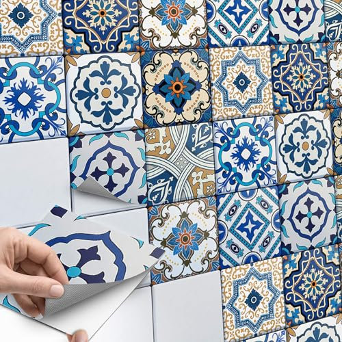 10 Stück Fliesenaufkleber, Mosaikfliesen 10x10 cm für Bad und Küche - Fliesenfolie, Klebefliesen selbstklebend - SET // Design: Lisboa Azulejos