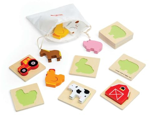 Bigjigs Toys Farm Feel and Find Puzzle, 10 Piece Wooden Sensory Puzzle | 10 Piece Wooden Sensory Farm Puzzle, Eco Friendly Early Learning Gift for Children