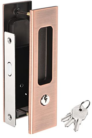 PATIKIL Sliding Door Lock, Invisible Recessed Handle Latch, Rectangle Privacy Pocket Door Lock with Keys for Barn Door Wood Furniture Hardware, Copper