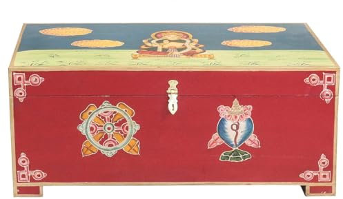 Oriental Galerie Indische Holztruhe mit bunter Buddha Malerei Schatztruhe Truhe Kiste Box Holz Indien Rot - Bunt 70 cm