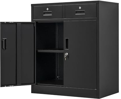 Wanfu Metal Storage Cabinet, 36 H Locking Storage Cabinet with 2 Drawers and Adjustable Shelf, Metal Cabinets for Office, Garage, Home-Black