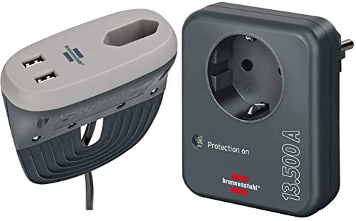 Brennenstuhl Estilo Sofa-Steckdose mit USB-Ladefunktion anthrazit/grau & Steckdosenadapter mit Überspannungsschutz 13.500 A (Adapter als Blitzschutz für Elektrogeräte) anthrazit