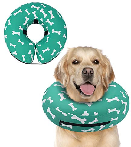Supet Halskrause Hund, Aufblasbares Halskrause für Hunde und Katzen Alternative Nach der Operation, Einstellbar Bequem Schutzkragen für Haustier (Grün Knochen,S)