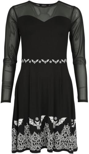 Gothicana by EMP Damen schwarzes kurzes Kleid mit Fledermaus-Print und Mesh-Einsatz
