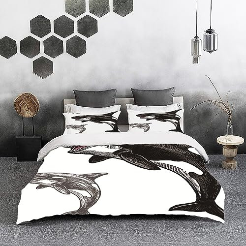 Bettwäsche 3 Teilig Bettgarnitur,Killerwal Meerestier Skizze Orca gezahntes Symbol Meeresraubtier springt heraus,Gemütlich Mikrofaser Bettbezug Set 1 Bettbezug Set 200 x 200 cm