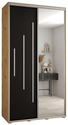 MEBLE KRYSPOL Davos 13 130 Schrank mit Zwei Schiebetüren für Schlafzimmer - Moderner Kleiderschrank mit Spiegel, Kleiderstange und Regalen - 235,2x130x45 cm - Artisan Schwarz Silber