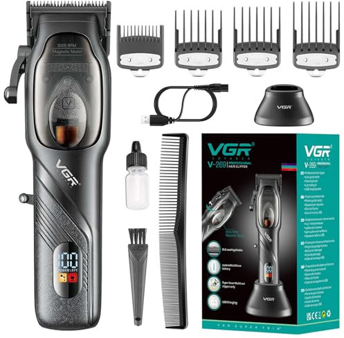 VGR-269 Professionelle Haarschneidemaschine für Männer, Elektrisch einstellbarer Haar- und Bartschneider, USB wiederaufladbares T-Klingen-Haarschneideset, LED-Anzeige Barber Clipper