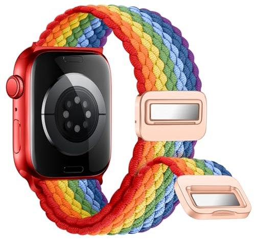 Nepfaivy Geflochtenes Armband Kompatibel mit Apple Watch Armband 40mm 41mm 38mm 42mm, Nylon Elastisches Band mit Magnetischer Schnalle für iWatch Series 10/9/8/SE/7/6/5/4/3/2/1, Regenbogen