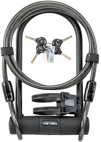 Via Velo Bike U Lock with Cable | Classic Heavy Duty Anti-Theft Bicycle U Lock Sold Secure Silver 15mm Shackle Inner Dim 9 x 4.5 in with 10mm 6Ft Cable Security Lock for Bike Electric Bike Scooter