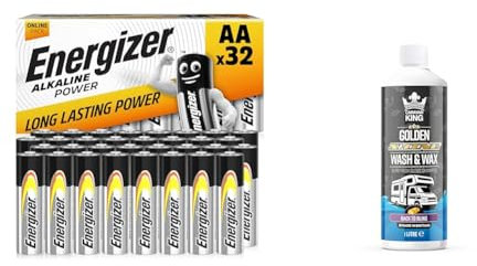 Energizer AA Batteries, Alkaline Power, 32 Pack, Double A Battery Pack - Amazon Exclusive & Caravan King - Wash and Wax Concentrated Car Shampoo | Premium Cleaner for Vehicles & Motorhomes
