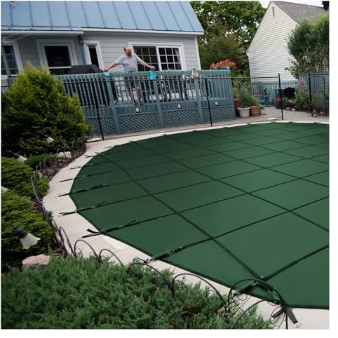 copertura piscina Coperture per piscine interrate rotonde, copertura protettiva di sicurezza invernale per piscine di grandi dimensioni e resistenti rete verde/blu, ponte in legno/pavimento in cemento