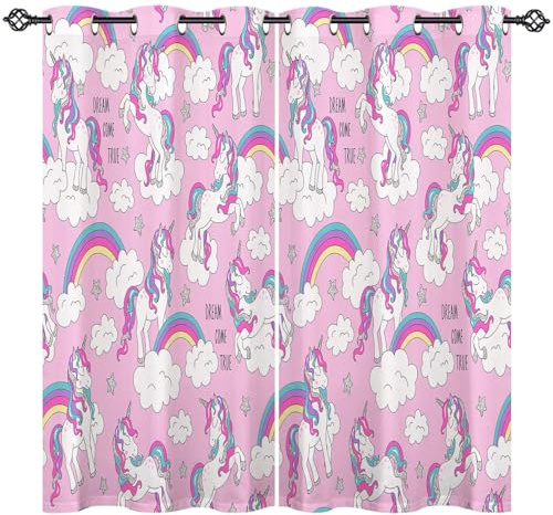 ANHOPE Regenbogen Cartoon Einhorn Vorhänge mit Ösen Kinder Mädchen Gardinen Blickdichte Thermo Vorhang Blackout Curtain Schlafzimmer Wohnzimmer Verdunklungsvorhänge 2er Set H 175 x B 140 cm