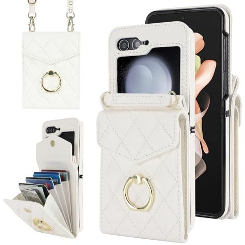 SINQERISHT Handykette Handyhülle für Samsung Galaxy Z Flip 7 FE/Flip 6 5G Wallet Hülle PU Leder Case mit Kartenfach& 360° Ring Ständer Klapphülle Magnetverschluss Cover(Weiss)