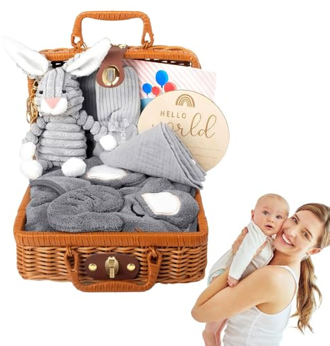 ZOYDP 7 in 1 Neugeborenen Geschenkkorb, Baby Geschenkset, Baby Geschenk Junge, baby Geschenk Geburt mit Dreieckstuch, Plüschtiere, Badetuch, Socken, Geburtskarten, Grußkarten,Geschenke zur Geburt