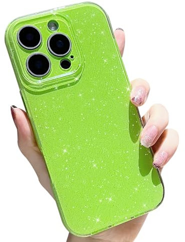 Finyosee Compatible with iPhone 16 Pro Neon Case,Cute Aesthetic Bling Glitter Thin Slim Shockproof Soft TPU Sparkly Shiny Girly Cover for Women Girl for iPhone 16 Pro Case 6.3 inch-Neon Green