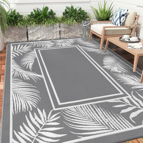 Enyhom Große Outdoor-Teppiche für den Garten, wasserdicht, 240 x 300 cm, wendbare Outdoor-Matten, Kunststoff-Strohteppich, tragbar, faltbar, Picknick, gewebter Teppich für Wohnmobil, Terrasse, Grau