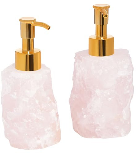Susoso 2 Stücken Kristallspender, Natürlicher rosa Kristallstein 30-35ml Seifenspender mit Praktischen Pumpkopf Unregelmäßig für Haarspülung 8x15cm