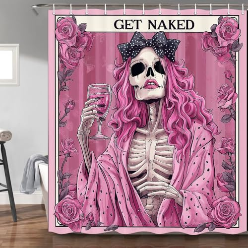 Divertente tenda da doccia con teschio scheletro, rosa, gotico, rosa rossa, floreale, vino rosso, ragazza, horror, spaventosa, tenda da doccia per bagno, con ganci in poliestere, 180 x 180 cm