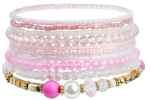 APMGONT Bohemian Multi-Layer Armbänder Stackable Stretch Strand Crystal Beaded Bangles Boho Handmade Armbänder Schmuck Geschenke für Frauen Mädchen (Rosa)