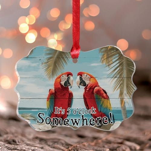 It's Five O'clock Somewhere Xmas Ornament Happy Hour Pool Beach Butterfly Christmas Tree Ornament Keepsake Parrot Flowers Flamingo Beach Acrylic Christmas Ball for Christmas Tree Decorations
