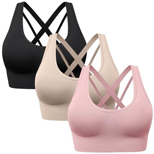 HBselect Sport BH Damen Starker Halt Träger Gekreuzt Rücken Große für Fitness Lauf Yoga Gepolstert Bustier Cross Back Push up BH L Schwarz Beige Rosa