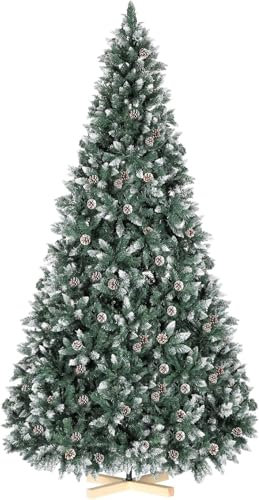 Clevich Árbol de Navidad Artificial 210cm, Pino de Navidad con Efecto Nieve y Piñas, Árboles Decoración Navideña con Soporte de Madera, Agujas de Pino Pretratadas Realistas, Fácil Montaje