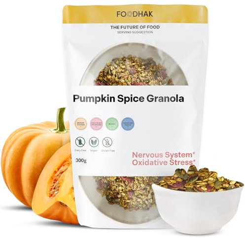 FOODHAK Pumpkin Spice Gluten Free Granola Breakfast Cereal Pack of 1 (1 x 300g) Crunchy Granola with Oats | Maple Syrup, Pumpkin Seeds, Fibre Rich & No Added Refined Sugar | Ashwagandha Vegan Snacks