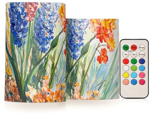 famyily Hyazinthen, Orchidee, Schmetterlinge, Bienen, flammenlose Kerzen, LED-Stumpenkerzen mit Batterien für den Außenbereich, 10,2 cm, 12,7 cm, 2 Stück