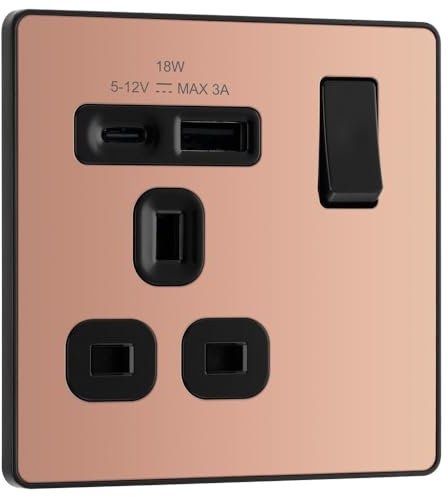 BG Electrical Single Switched Power Plug Wall Socket with Type A USB and Type C USB Charging Ports, Fast Charge, Screwless Front Plate, Evolve, Polished Copper, 13A, 18W, PCDCP21UAC18B